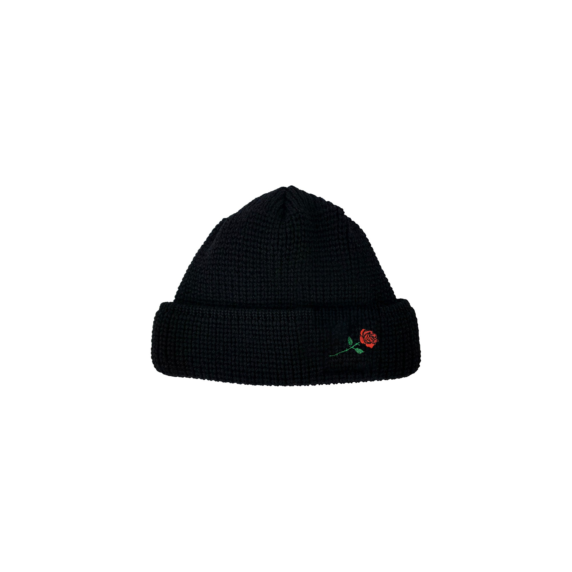 SHORT WOOL ROSE EMBROIDERY BEANIE - BLACK